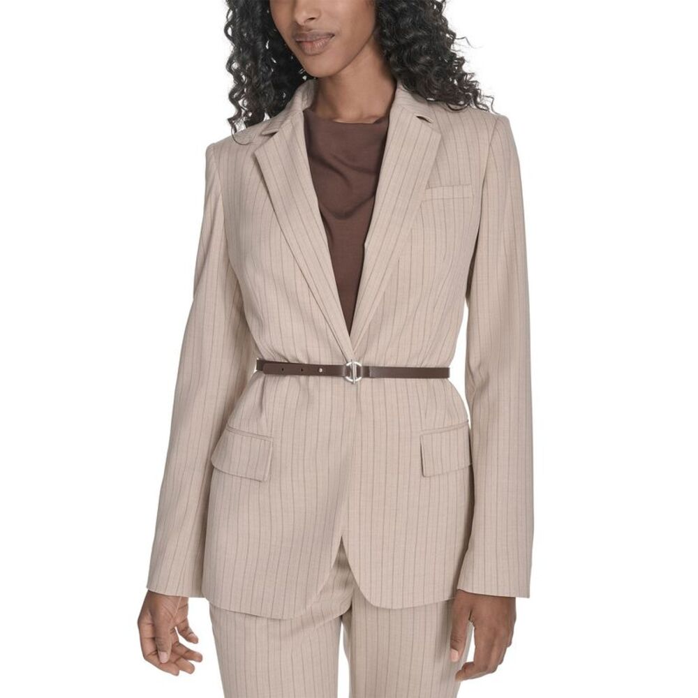 Calvin Klein Womens Belted Pinstripe Jacket 14 Toasted Sumac Multi - NWT